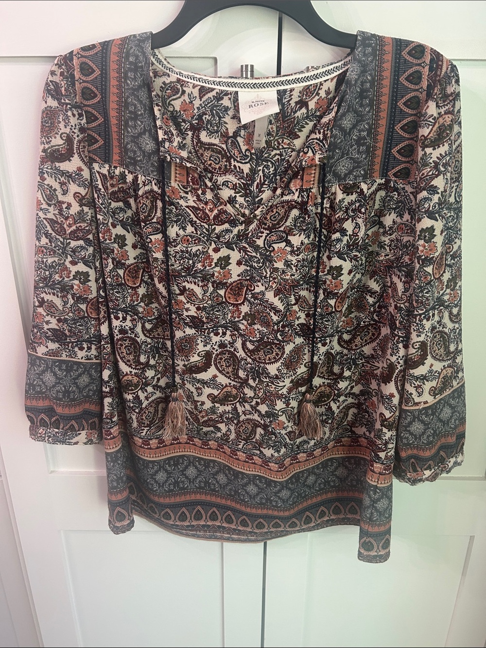 Knox Rose Cream Paisley Peasant Tunic with Rust and Charcoal Accents